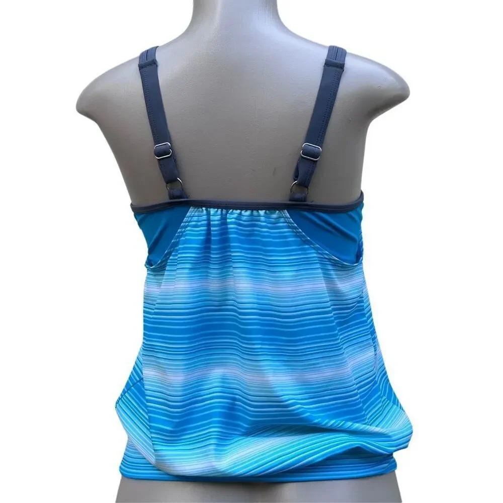 Free Country Swim Tankini Top Women's Medium Blue Striped Blouson Style